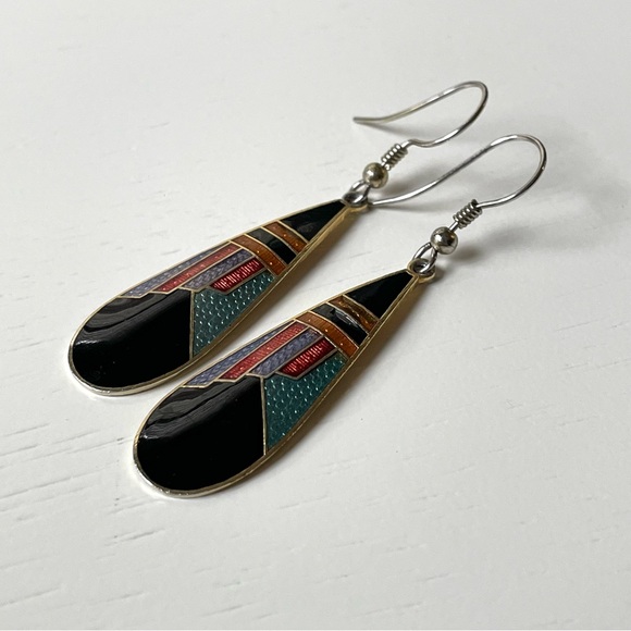 🎰Vintage Pierre Bex-style Art Deco enamel teardrop dangle earrings - Picture 3 of 10